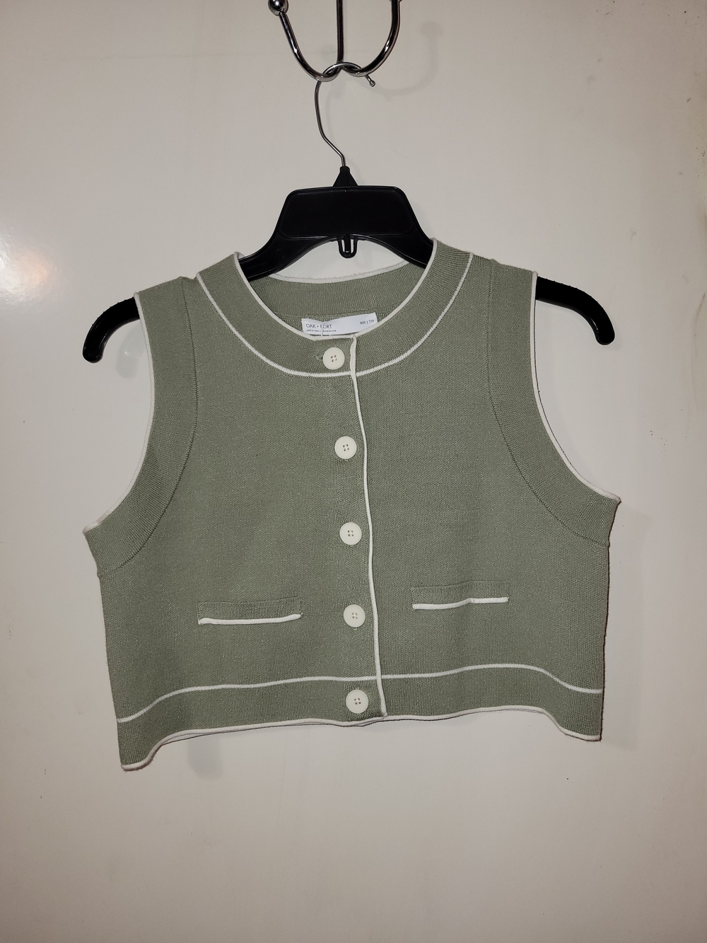 OAK + FORT Sage Green Knit Button Cardigan with Cream Trim